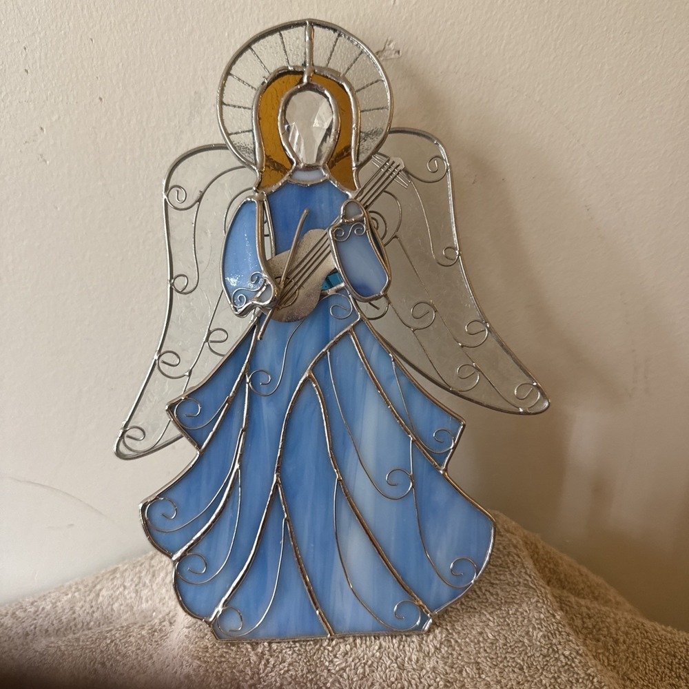 Vintage Blue Angel Stained Glass Votive Candle Holder Christmas 10" 3D W/Violin